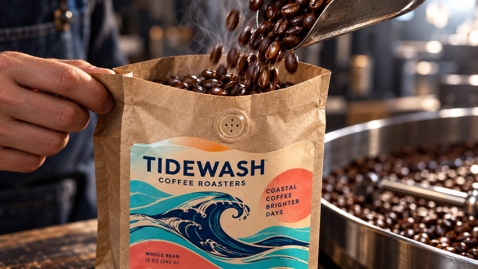 Freshly roasted coffee being filled into a valved bag on a small roastery bench, with the roaster working from a printed order