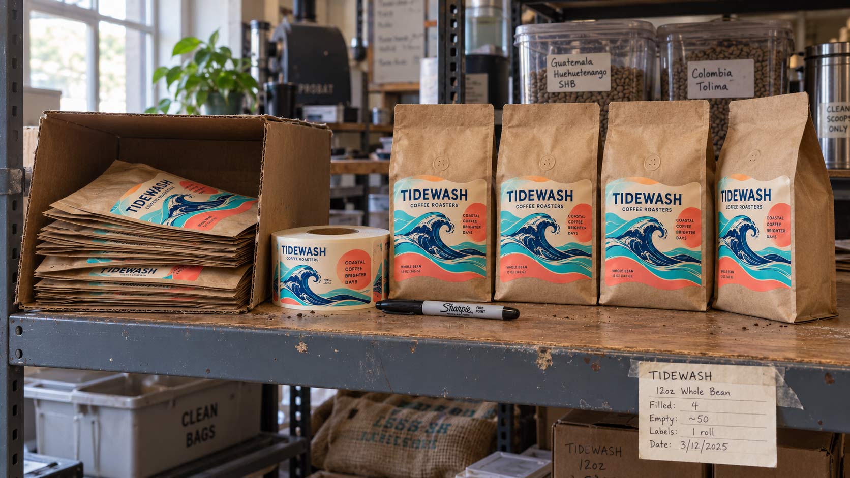 Flat unfilled coffee bags stored in their carton on a shelf in a small roastery, with a few filled and labelled bags beside them