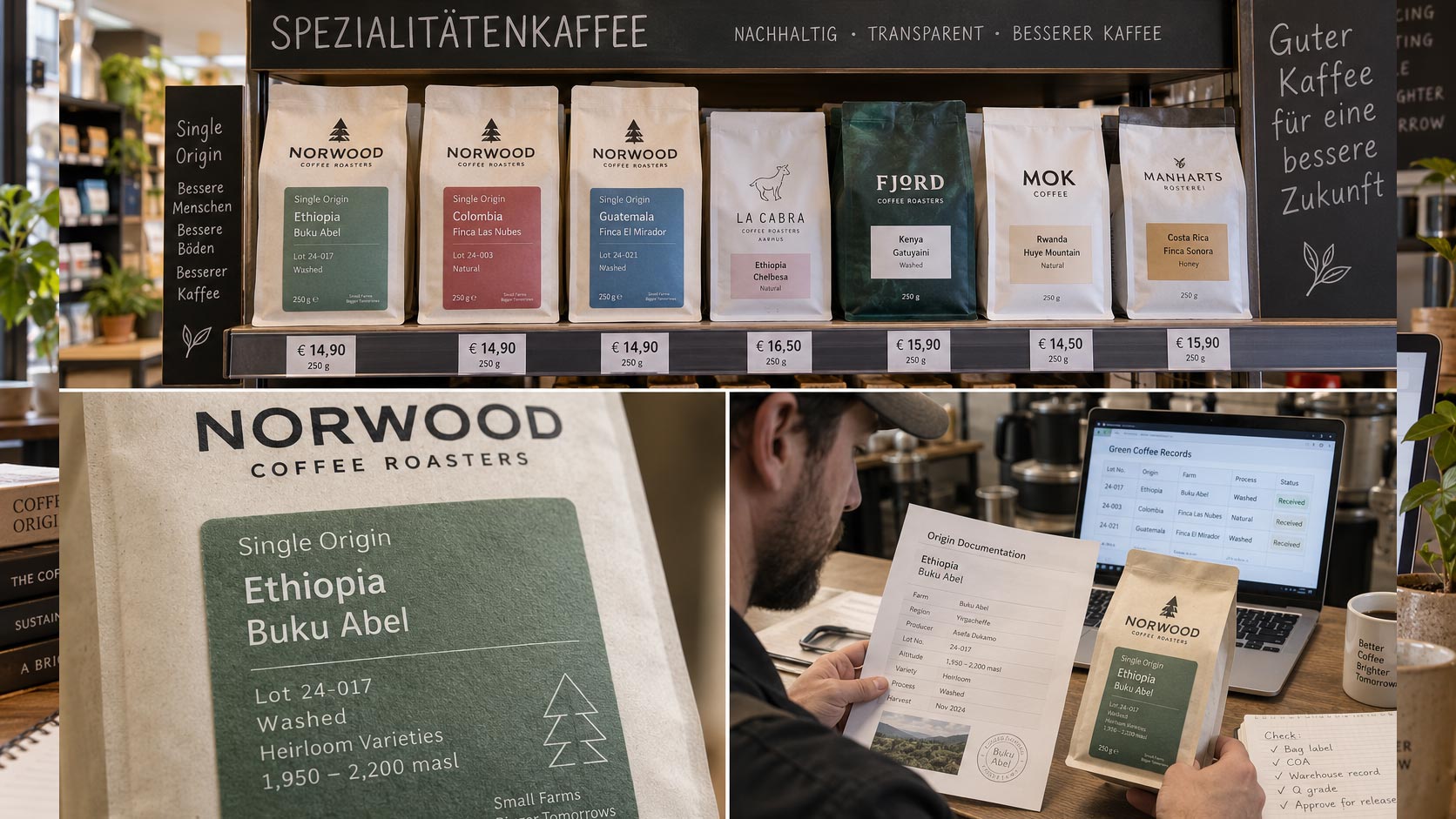 A roaster at a desk cross-checking origin and traceability records on a laptop against the printed coffee bag in front of them