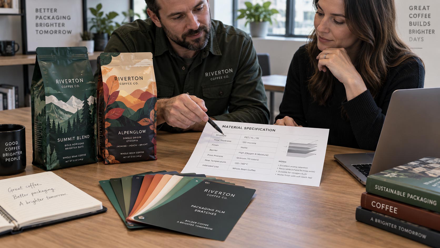 A roaster at a desk reviewing a coffee bag material spec sheet, checking the film structure line by line