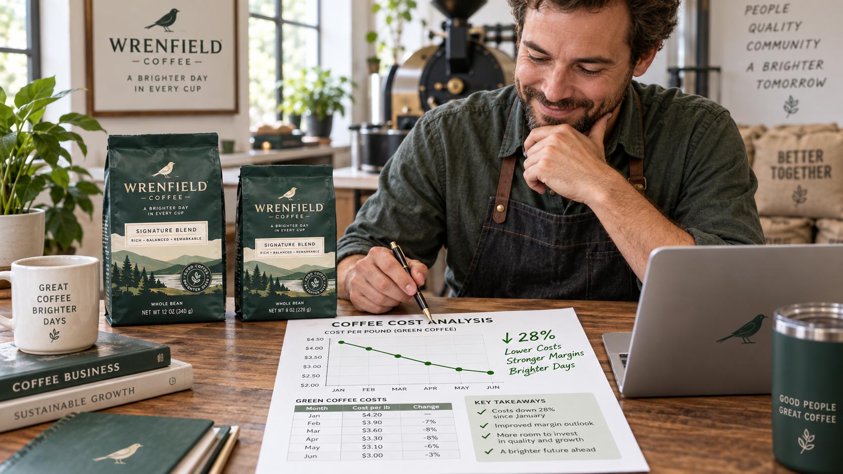 A roaster at a desk reviewing a green coffee cost sheet showing prices coming down, with coffee bags on the bench beside it