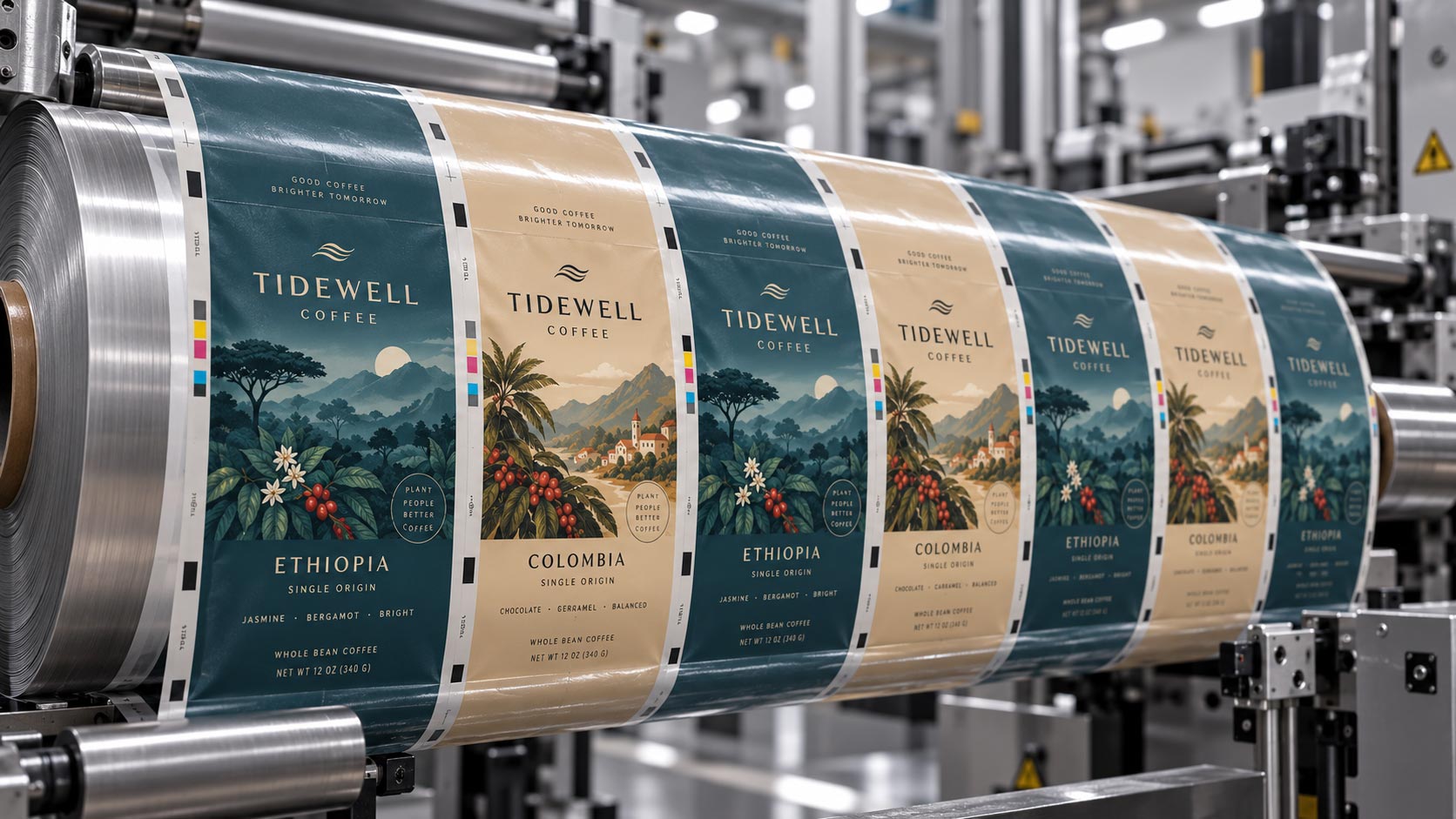 A web of printed roll stock film running off a press with two different coffee bag designs alternating along its length