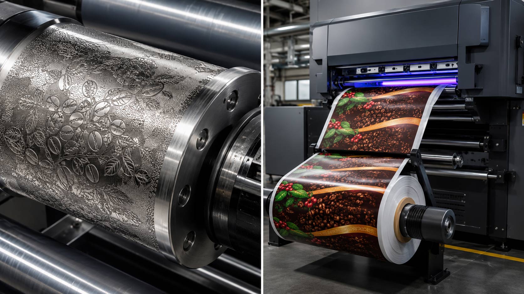 A laser engraved metal rotogravure cylinder on one side and a digital press printing color onto coffee bag film on the other, contrasting the two printing methods