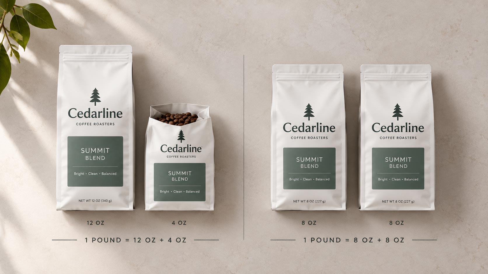 One pound of coffee shown as 12 oz bags beside the same pound as 8 oz bags, making the difference in bag count visible