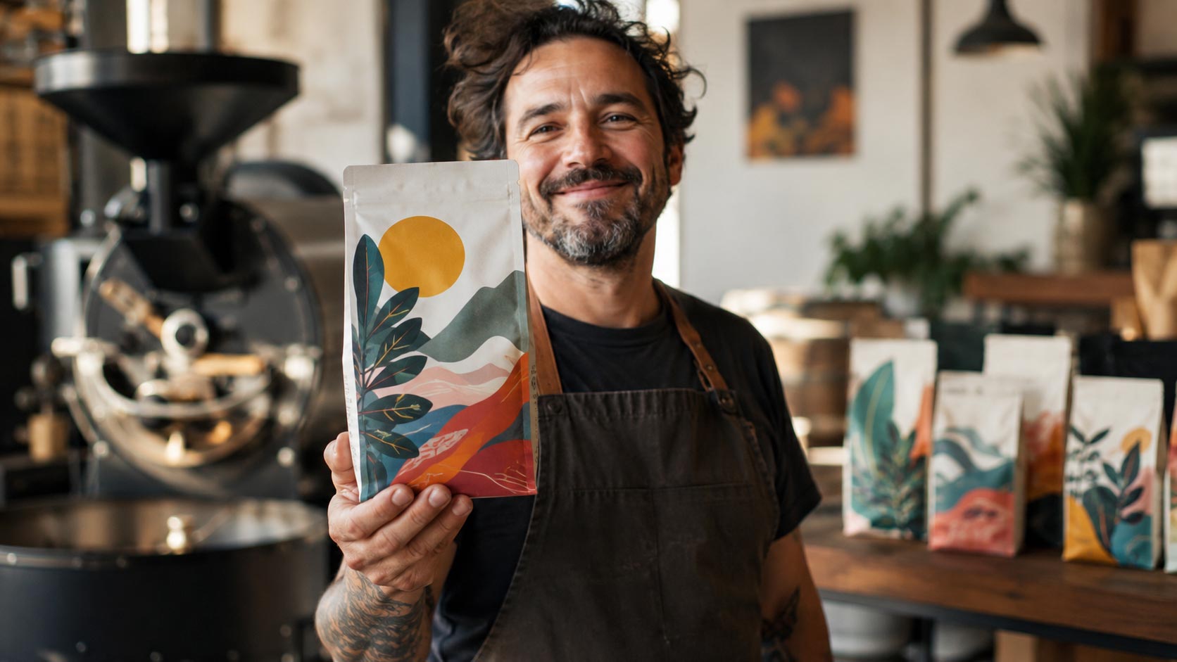 A small-business coffee roaster holding a freshly printed full-color custom coffee bag from a 500-bag run