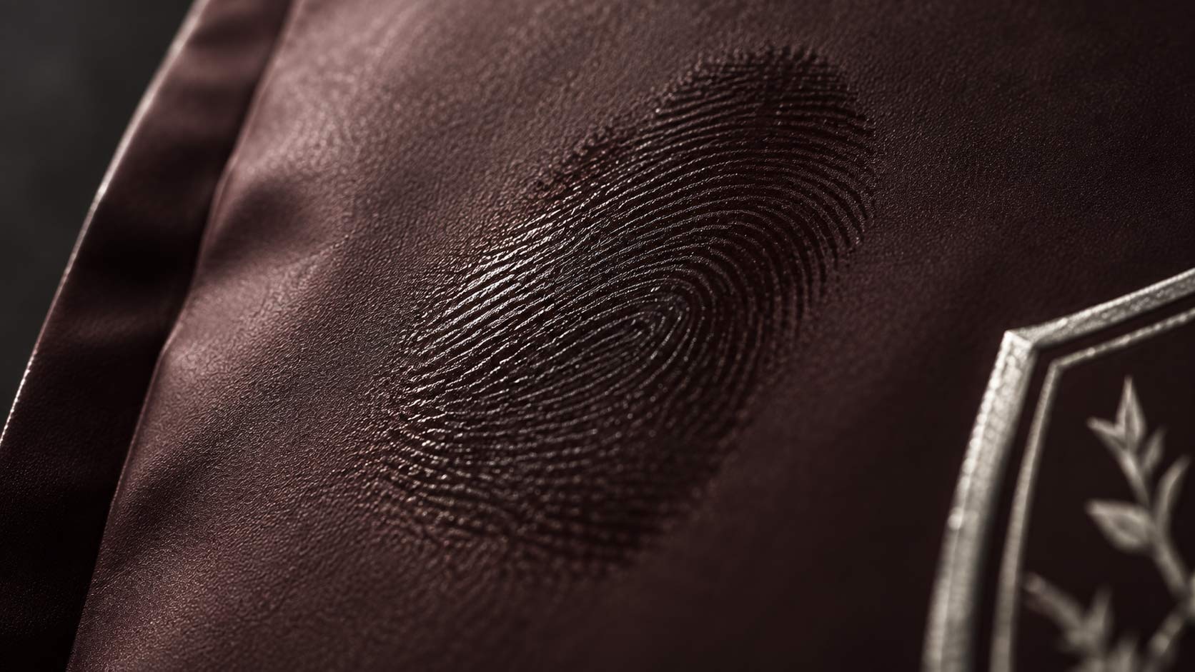 Acercamiento a una bolsa de café soft touch oscura bajo luz rasante mostrando una huella digital como una mancha más brillante sobre la superficie mate