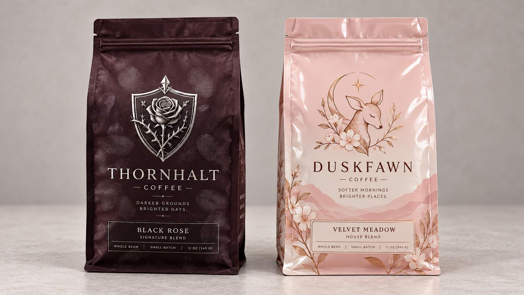 Dos bolsas de café lado a lado después de ser manipuladas, una soft touch mate con huellas visibles y una brillante laminada sin ninguna
