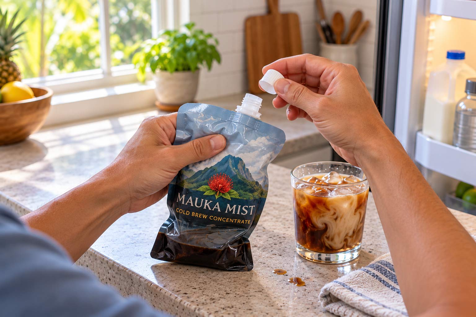 Una mano apretando suavemente una bolsa con boquilla de concentrado de cold brew a medio usar para sacar el aire antes de enroscar la tapa