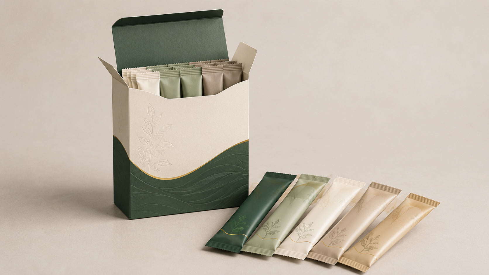 An open retail carton standing upright with several single-serve stick packs fanned out in front of it on a neutral surface