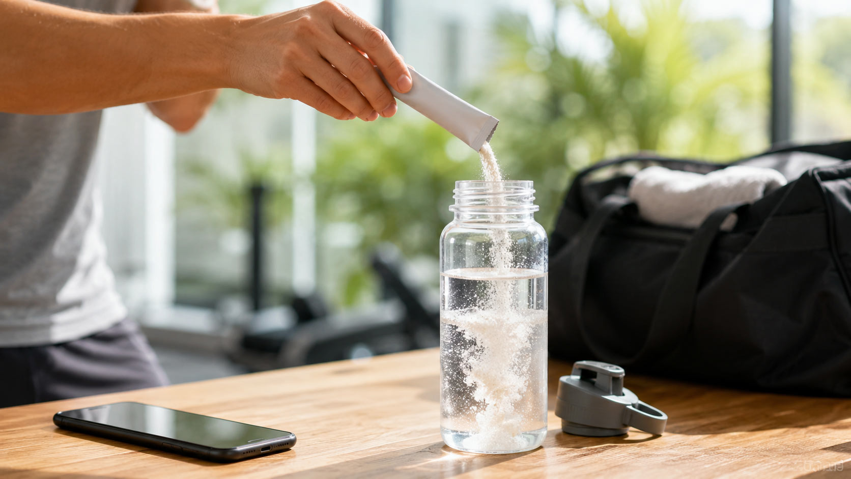 A hand tearing open a single-serve stick pack and pouring the powder into a clear water bottle on a wooden table
