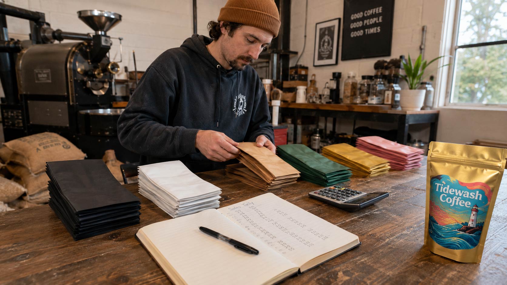 A roaster at a workbench counting stacks of blank stock coffee bags beside a notebook of sales numbers, planning a reorder