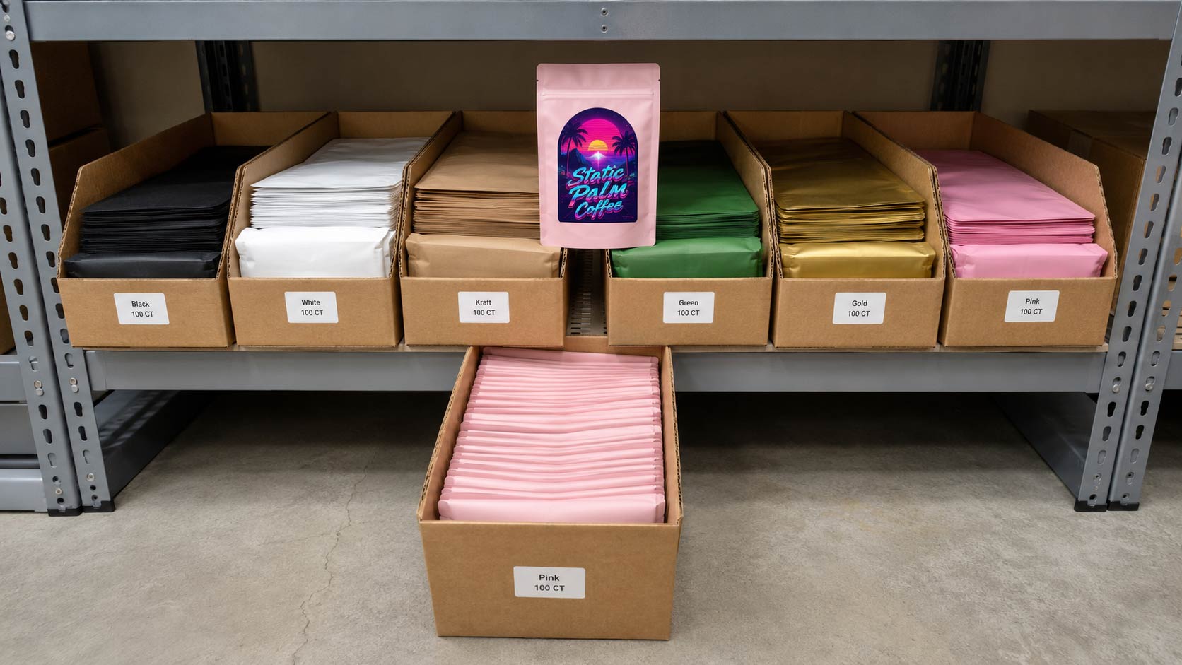 Cartons of blank stock coffee bags stored flat on a shelf above the floor in a clean, dry roastery storage area