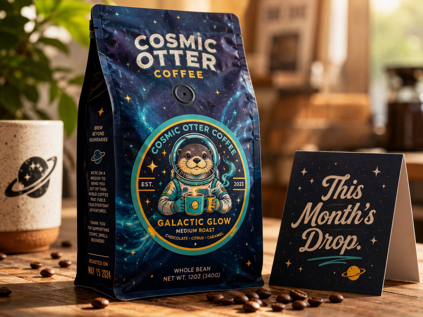 A single custom digital-printed coffee bag standing next to a This Month's Drop tent card on a wood table, with a one-way valve and roast date visible and loose beans scattered in warm morning light