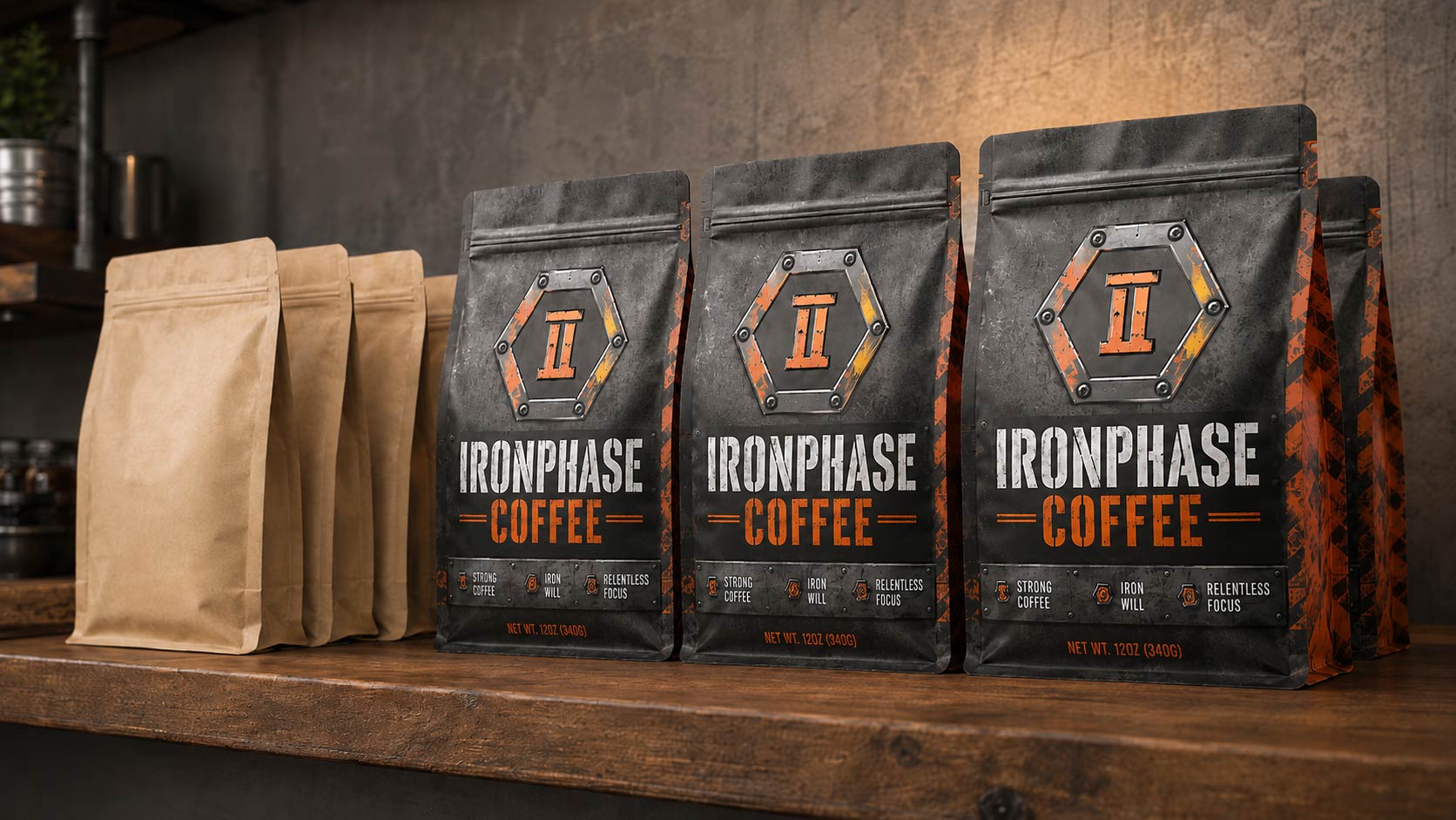 A stack of new custom printed coffee bags with a few older plain generic bags mixed in at the edge, showing the overlap during a supplier switch so the shelf never goes empty