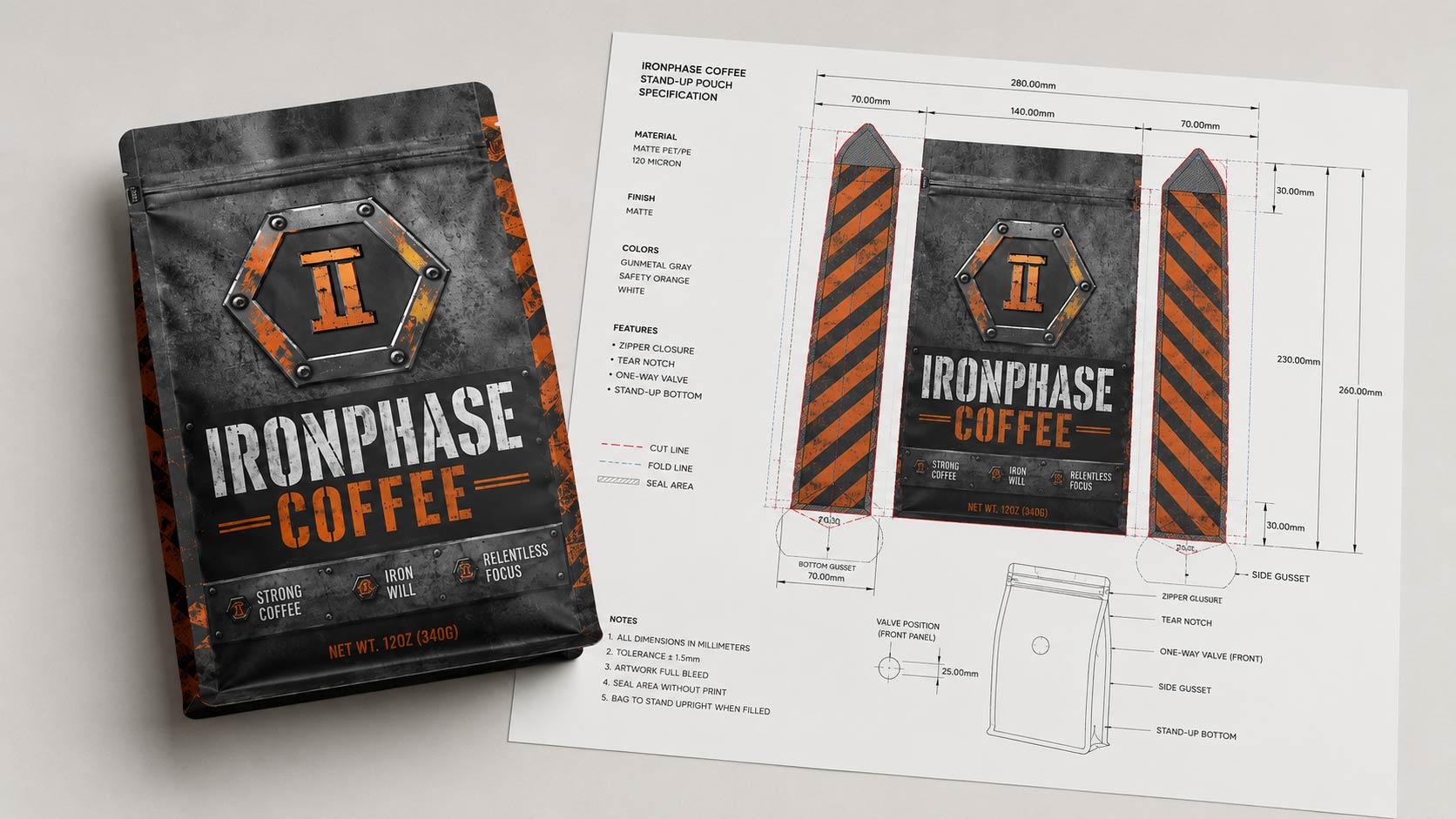 A new custom printed coffee bag lying beside a technical dieline and spec drawing, showing how a new supplier matches your current bag's dimensions and specs when you switch