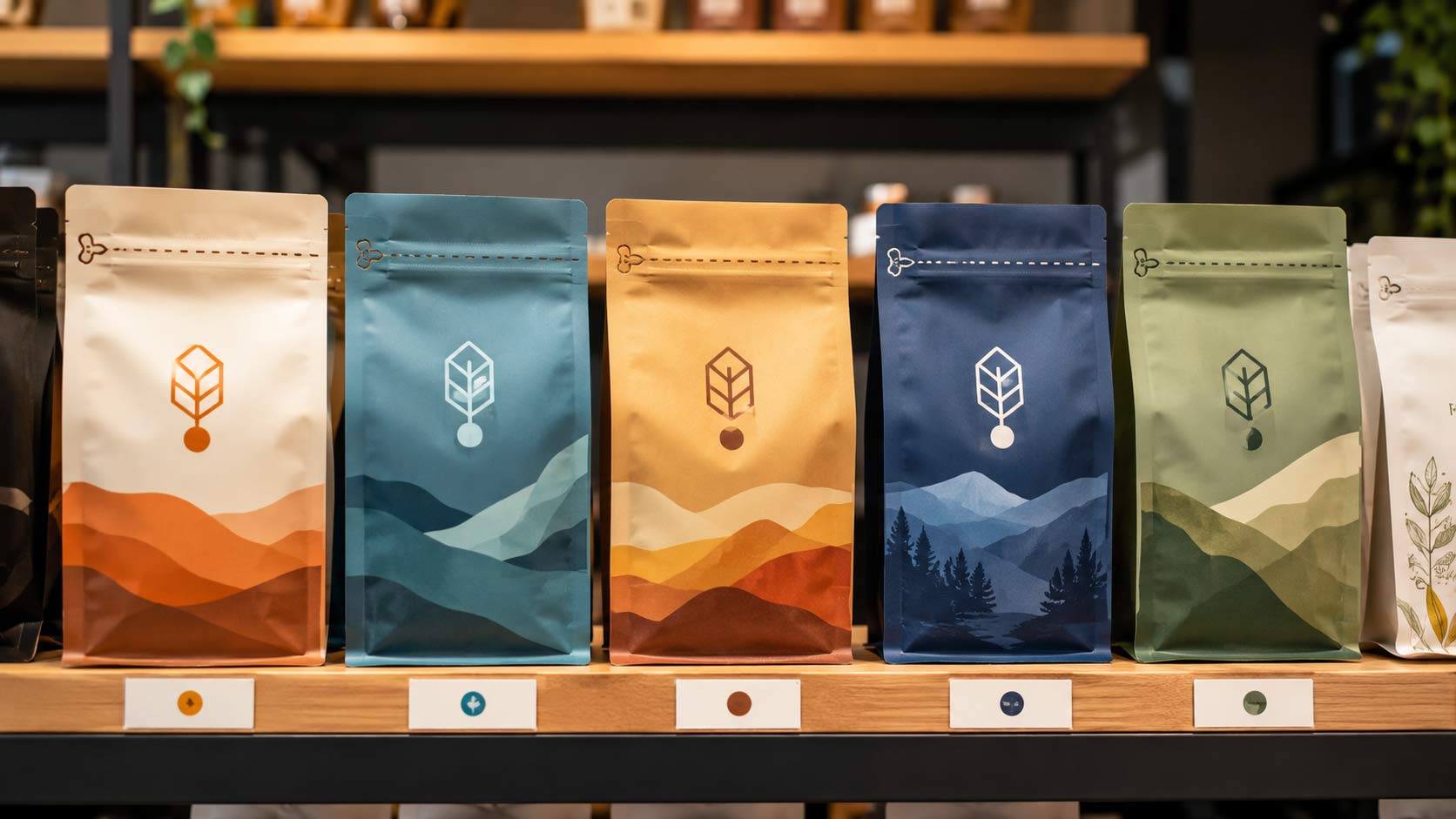 A row of custom coffee bags in different colors lined up on a store shelf, each with a dotted perforated tear line across the top that serves as a tamper-evident first-open feature