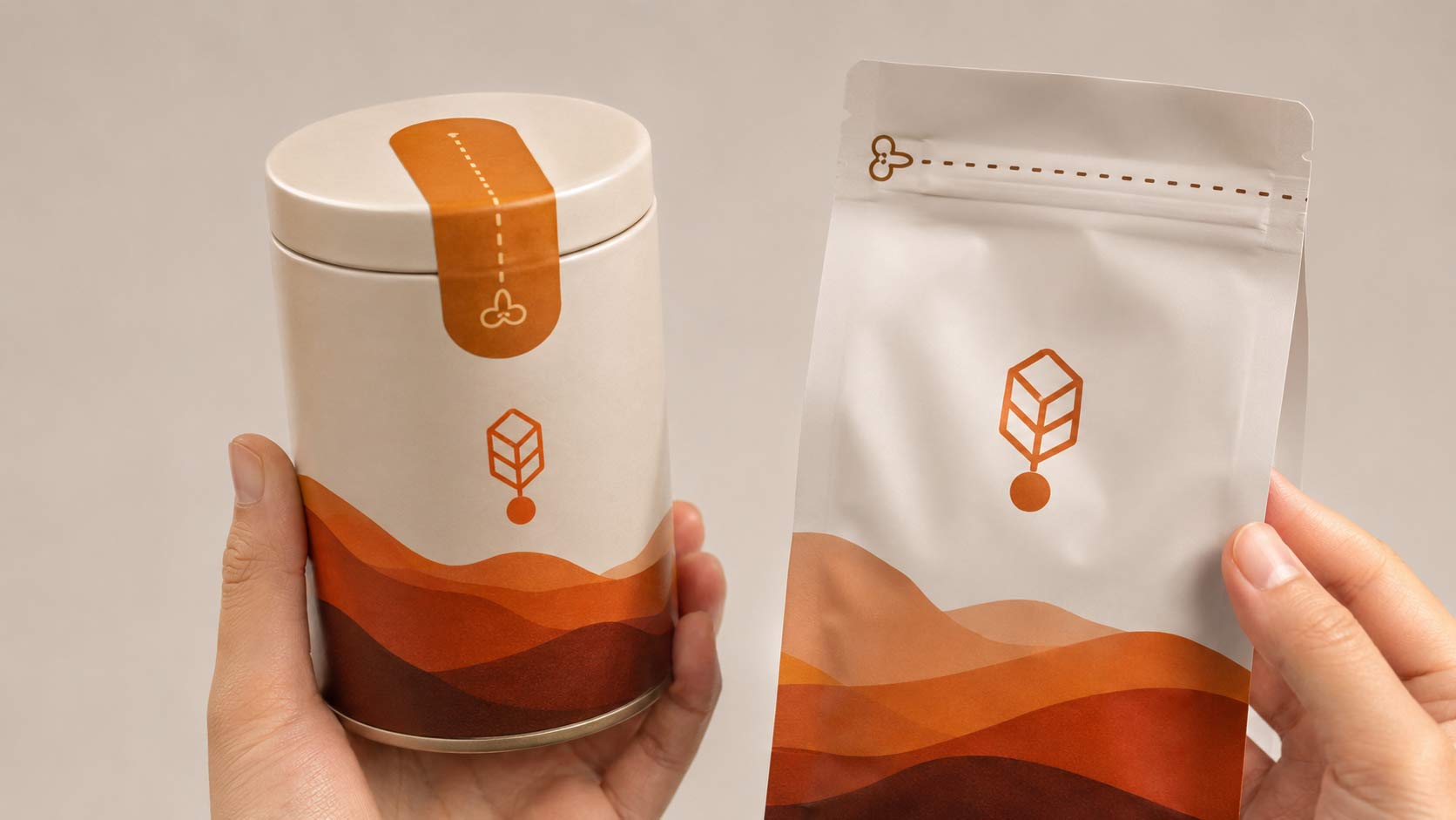 Two hands holding a coffee tin with a perforated shrink band around the lid and a stand-up pouch with a tear-off top strip above a resealable zipper, showing tamper-evident seals