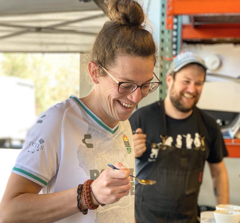 Taylor Fields cupping coffee.