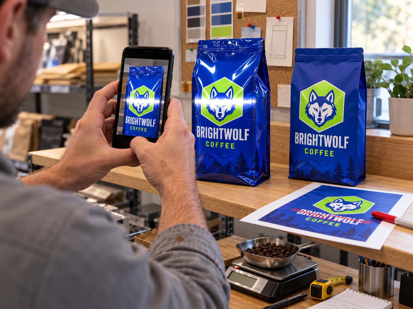 A roaster photographing a filled glossy coffee bag on a shelf with a phone to check where the glare stripe falls