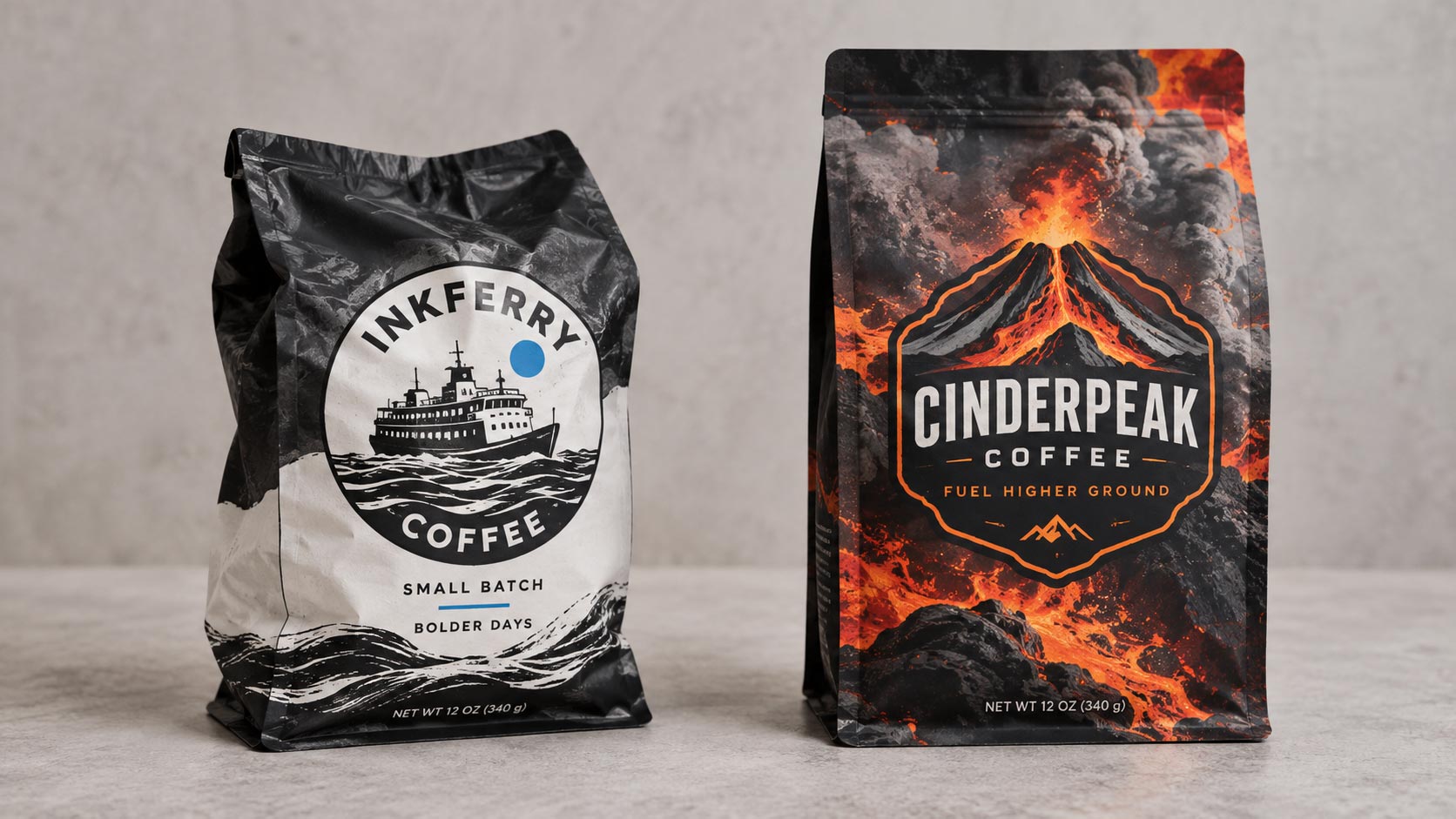 Una bolsa de café delgada y floja que se hunde y se arruga junto a una bolsa de café gruesa y firme que se para derecha y llena, mostrando cómo el grosor de la película cambia la forma en que la bolsa se sostiene