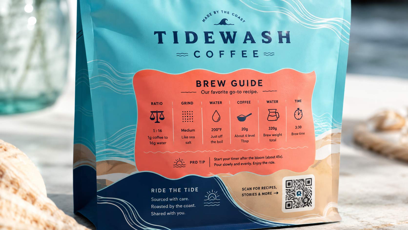 Close-up of a coffee bag back panel showing a printed brew guide with ratio, grind, water temperature, and a scannable QR code