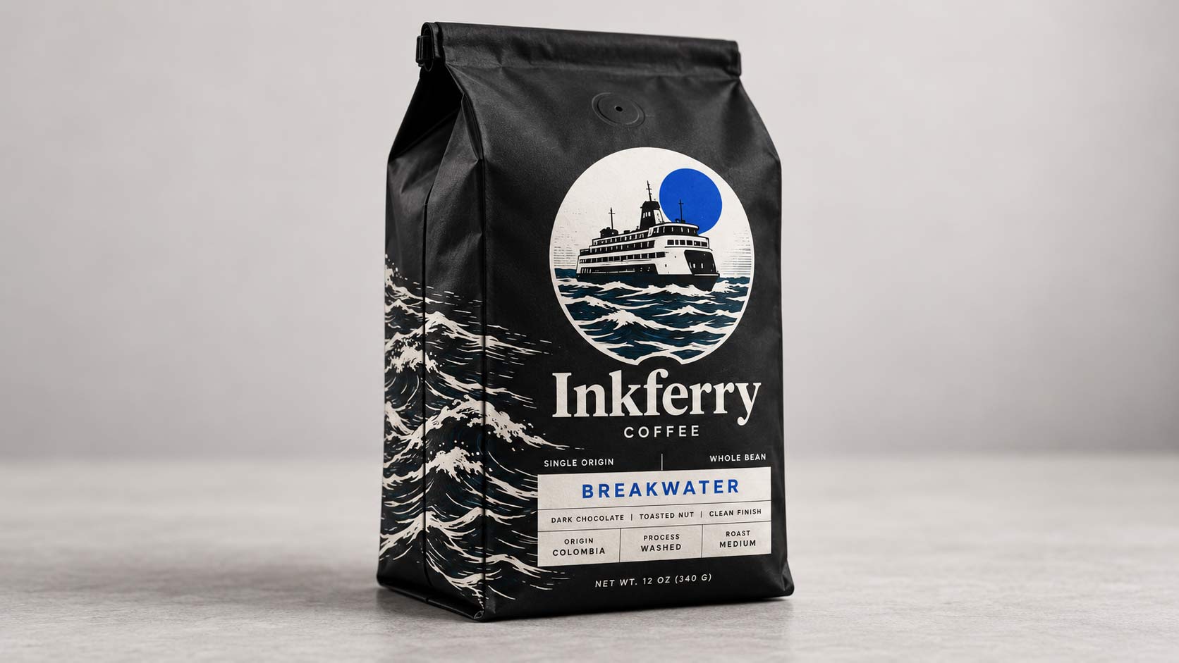 A coffee bag shown at an angle so the front artwork wraps toward the back and meets the vertical seam, where the pattern realigns